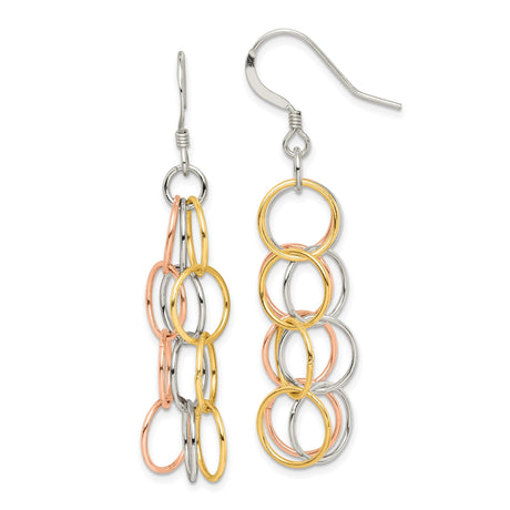 Sterling Silver Dangle Earrings with Interlocking Tri-Color Circles, Chandelier Drop Design