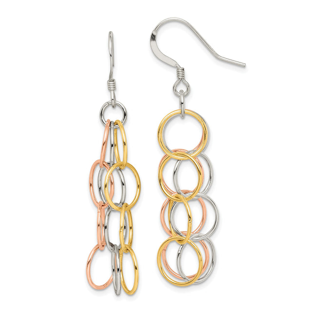 Sterling Silver Dangle Earrings with Interlocking Tri-Color Circles, Chandelier Drop Design