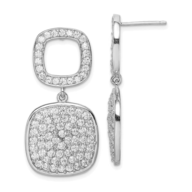 Sterling Silver Dangle Earrings with Cubic Zirconia, Double Cushion Design, Modern Drop Style