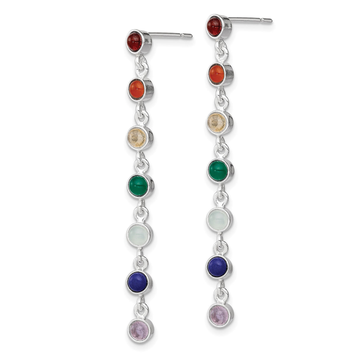 Sterling Silver Chakra Drop Earrings with Seven Multicolor Quartz Gemstones in Vertical Design