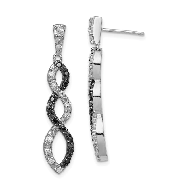 Sterling Silver Infinity Dangle Earrings with Black and White Cubic Zirconia, Twisted Design