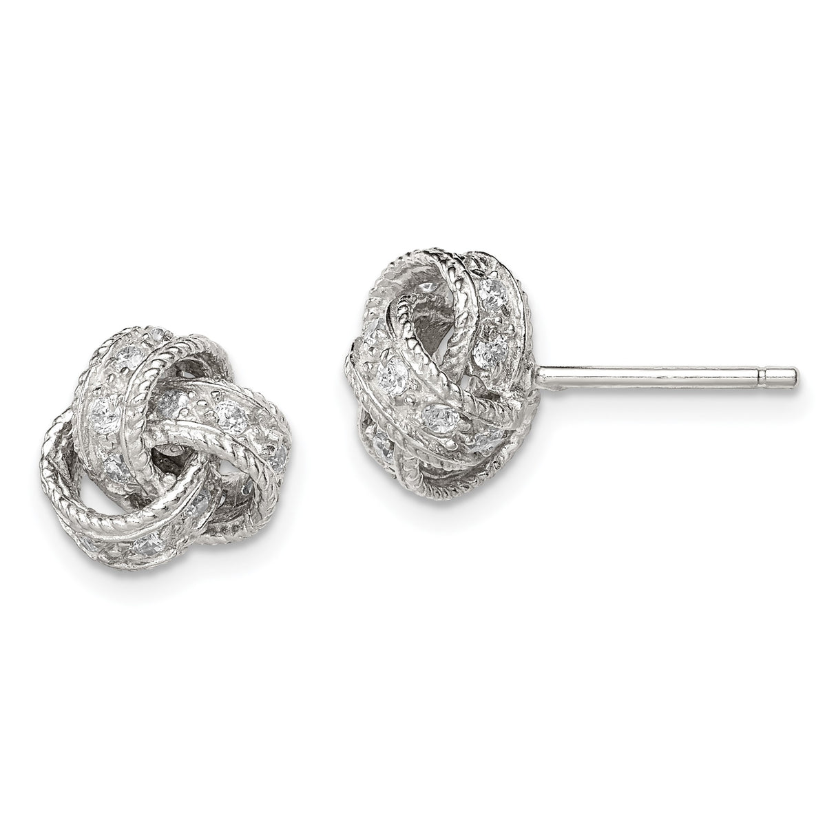 Sterling Silver Love Knot Stud Earrings with Cubic Zirconia, Textured Intertwined Design