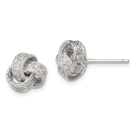 Sterling Silver Love Knot Stud Earrings with Cubic Zirconia, Textured Intertwined Design