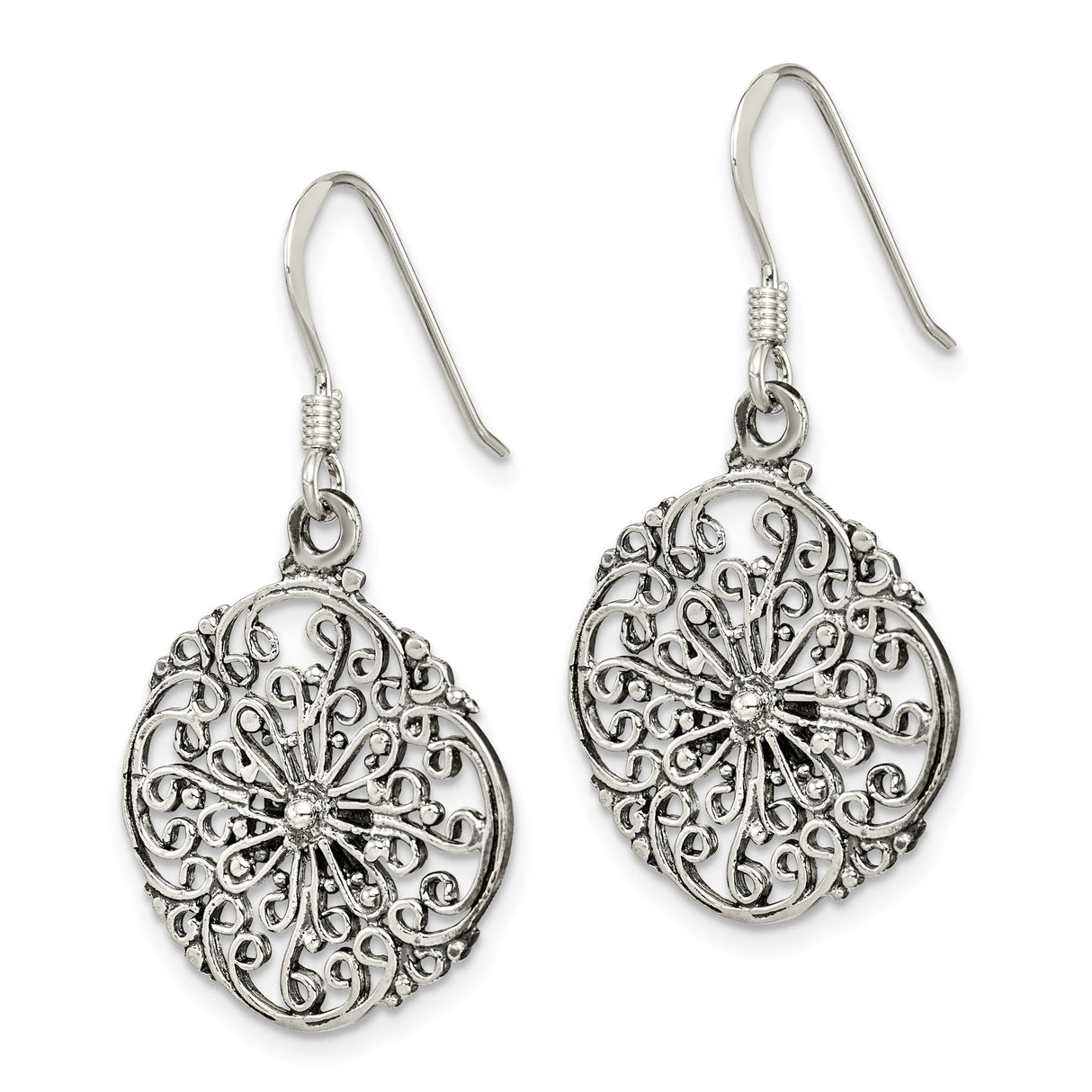 Sterling Silver Dangle Earrings with Openwork Floral Mandala Design, Boho Filigree Drop Style