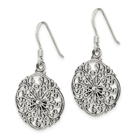 Sterling Silver Dangle Earrings with Openwork Floral Mandala Design, Boho Filigree Drop Style
