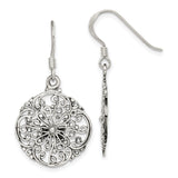 Sterling Silver Dangle Earrings with Openwork Floral Mandala Design, Boho Filigree Drop Style