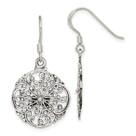 Sterling Silver Dangle Earrings with Openwork Floral Mandala Design, Boho Filigree Drop Style