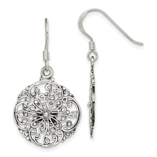 Sterling Silver Dangle Earrings with Openwork Floral Mandala Design, Boho Filigree Drop Style