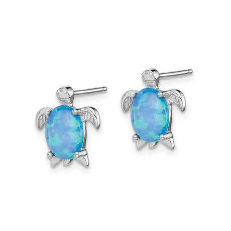 Sterling Silver Sea Turtle Stud Earrings with Created Blue Opal Inlay, Ocean Theme Jewelry