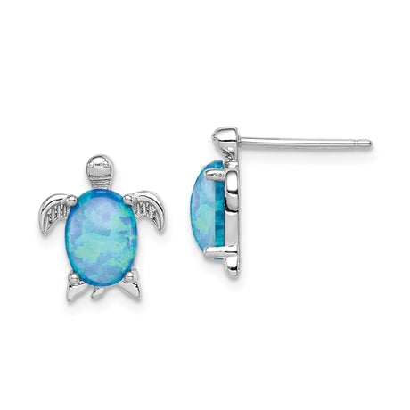 Sterling Silver Sea Turtle Stud Earrings with Created Blue Opal Inlay, Ocean Theme Jewelry