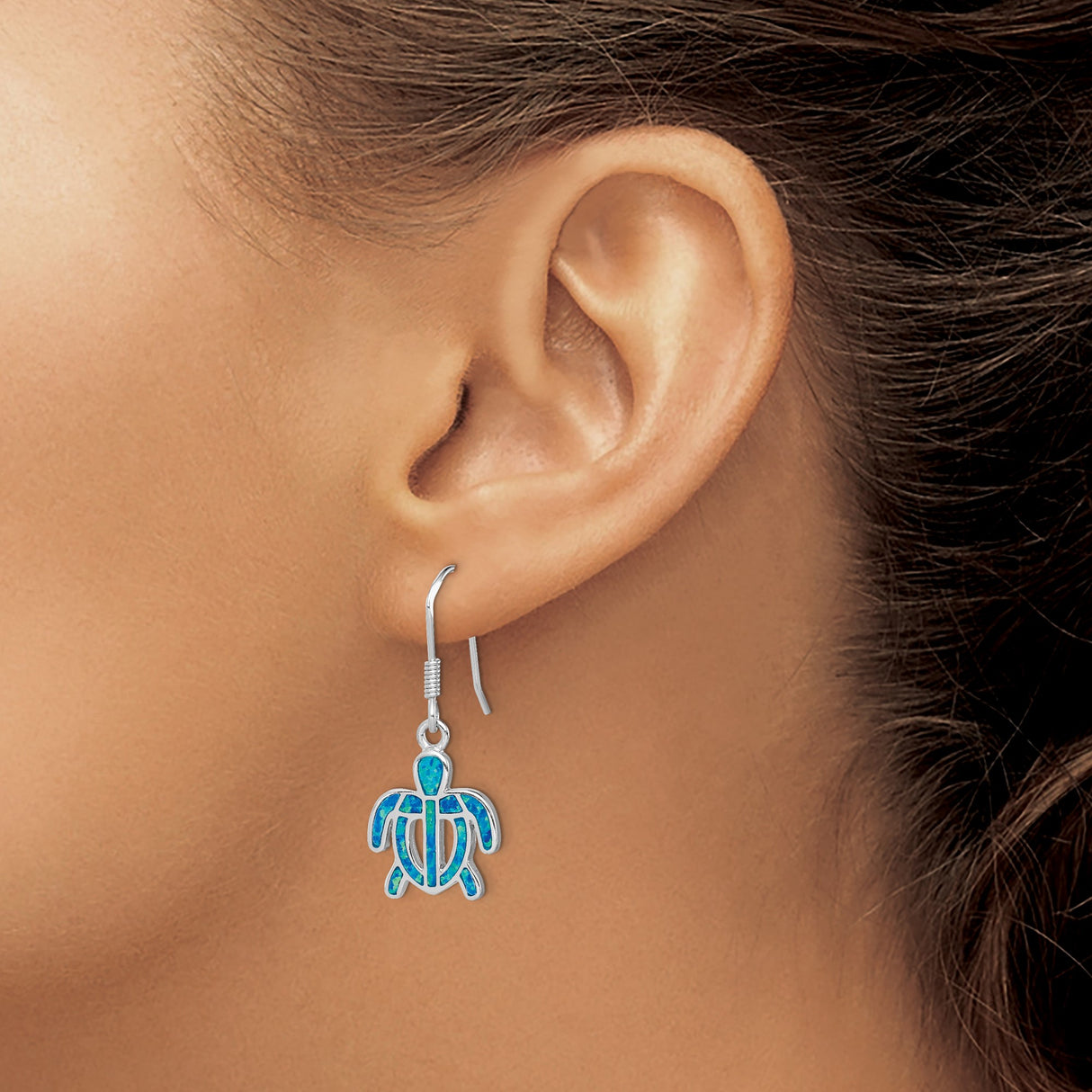 Sterling Silver Turtle Dangle Earrings with Created Opal, Ocean-Inspired Jewelry for Women