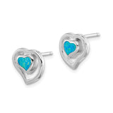 Sterling Silver Heart Stud Earrings with Created Blue Opal Inlay, Double Heart Design