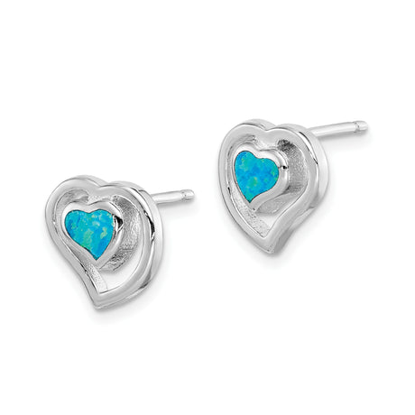 Sterling Silver Heart Stud Earrings with Created Blue Opal Inlay, Double Heart Design