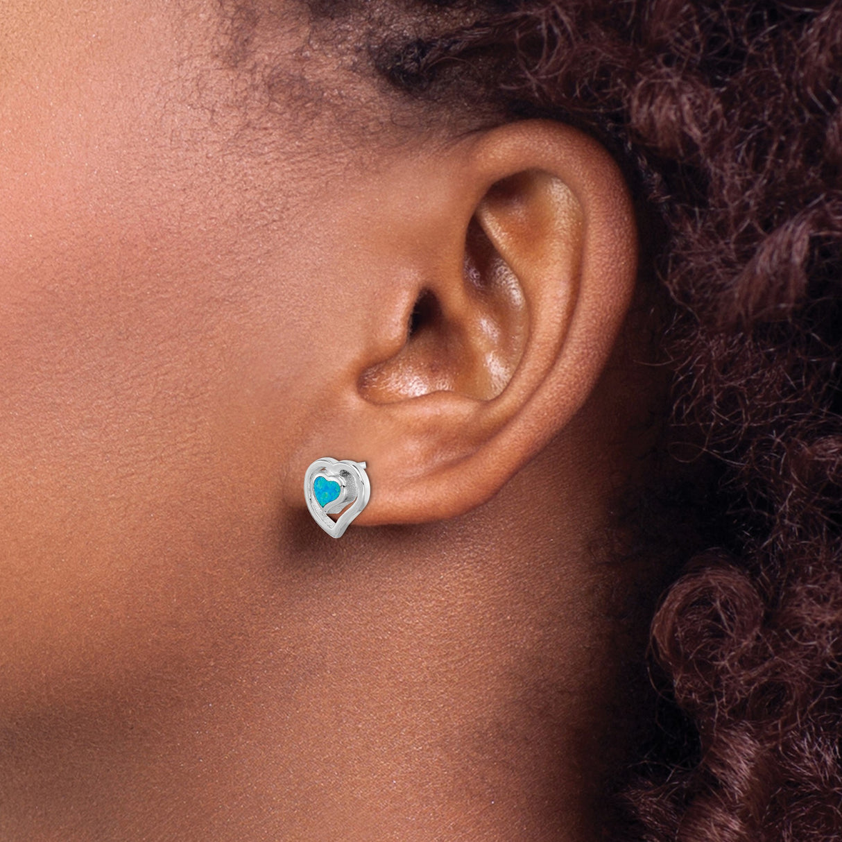 Sterling Silver Heart Stud Earrings with Created Blue Opal Inlay, Double Heart Design