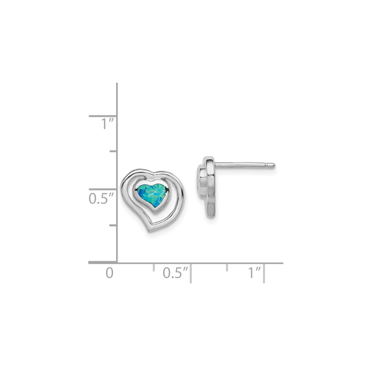 Sterling Silver Heart Stud Earrings with Created Blue Opal Inlay, Double Heart Design