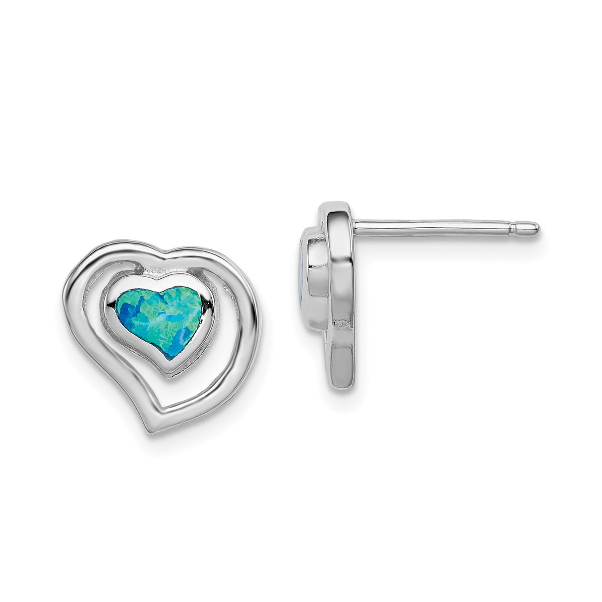 Sterling Silver Heart Stud Earrings with Created Blue Opal Inlay, Double Heart Design