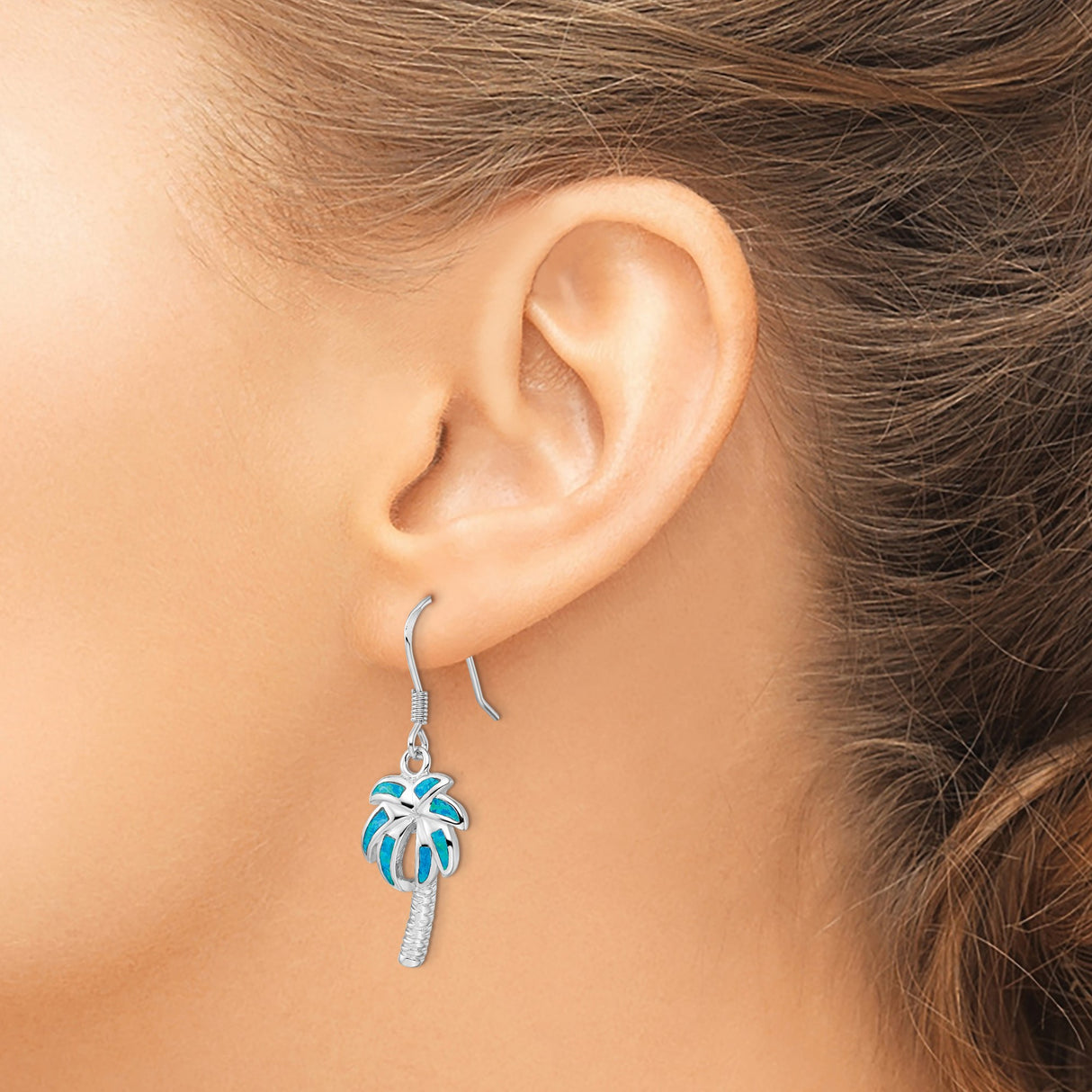 Sterling Silver Palm Tree Dangle Earrings with Created Blue Opal, Tropical Style