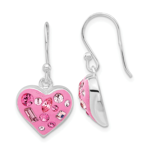 Sterling Silver Heart Shaped Dangle Earrings with Pink Enamel and Pink Cubic Zirconia Crystals