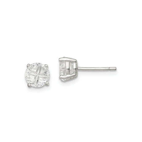 Sterling Silver Stud Earrings with Round Cut Cubic Zirconia, Four Prong Basket Setting, Cross-Cut Design