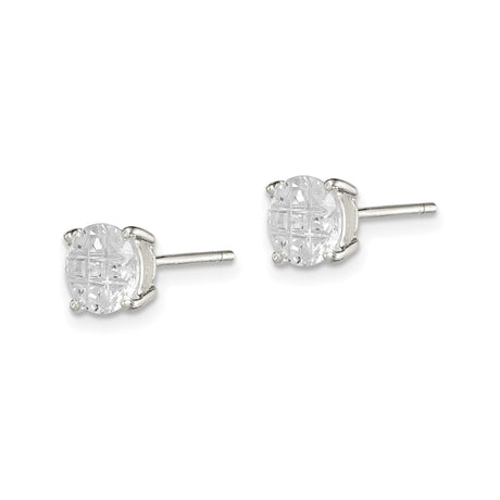 Sterling Silver Stud Earrings Princess Cut CZ In Round Grid