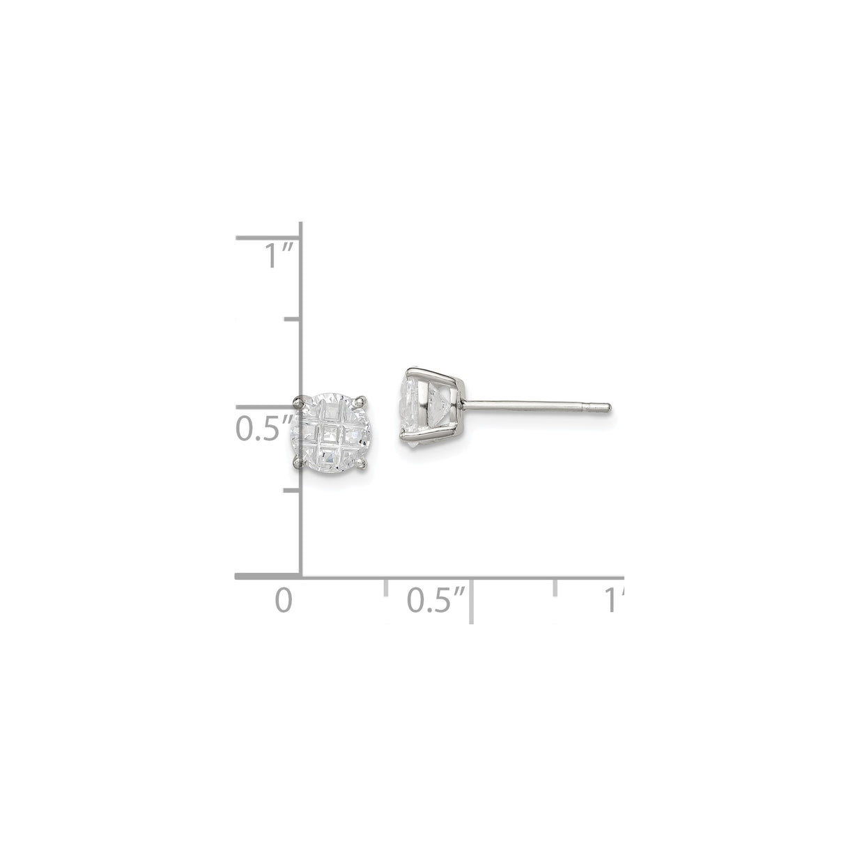 Sterling Silver Stud Earrings Princess Cut CZ In Round Grid