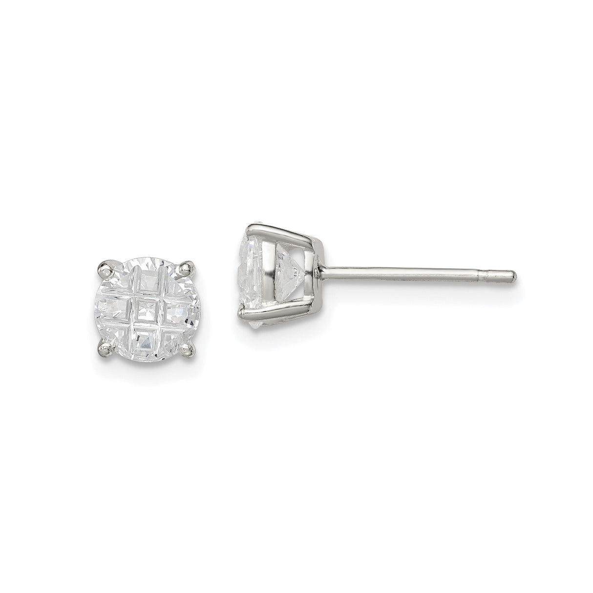 Sterling Silver Stud Earrings with Round Composite Setting and Princess Cut Clear Stones in Grid Pattern, Minimalist Silver Studs for Women, Elegant Everyday Sparkling CZ Fashion Earrings