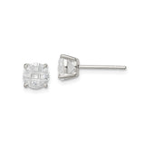 Sterling Silver Stud Earrings with Round Composite Setting and Princess Cut Clear Stones in Grid Pattern, Minimalist Silver Studs for Women, Elegant Everyday Sparkling CZ Fashion Earrings