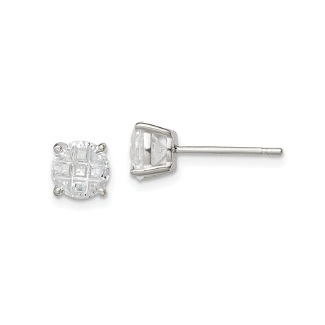 Sterling Silver Stud Earrings with Round Composite Setting and Princess Cut Clear Stones in Grid Pattern, Minimalist Silver Studs for Women, Elegant Everyday Sparkling CZ Fashion Earrings