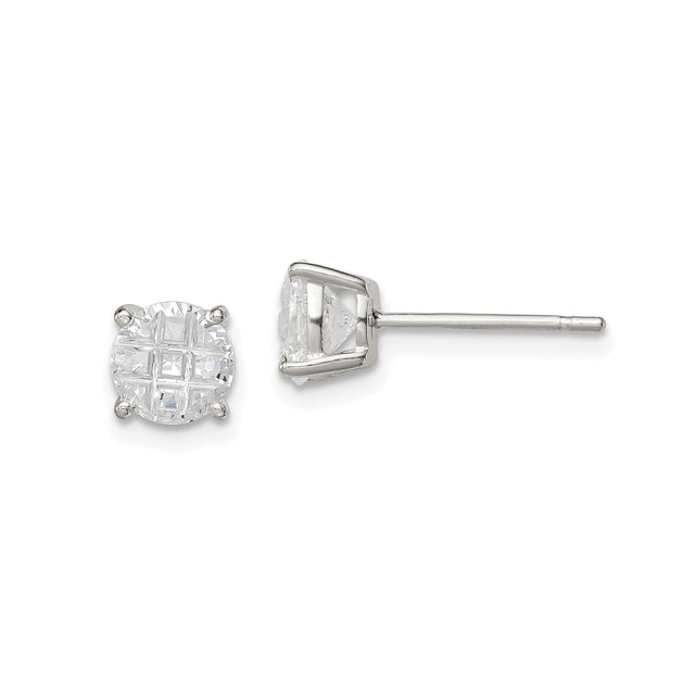 Sterling Silver Stud Earrings with Round Composite Setting and Princess Cut Clear Stones in Grid Pattern, Minimalist Silver Studs for Women, Elegant Everyday Sparkling CZ Fashion Earrings