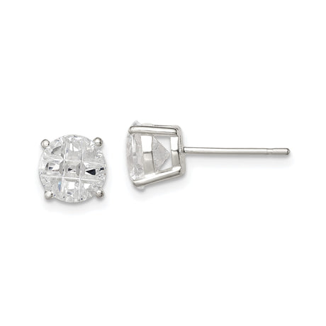 Sterling Silver Stud Earrings with Round Composite CZ Stones in Four Prong Basket Setting, Elegant Minimalist Design for Women, Classic Daily Wear Studs with High Polish and Subtle Sparkle Finish