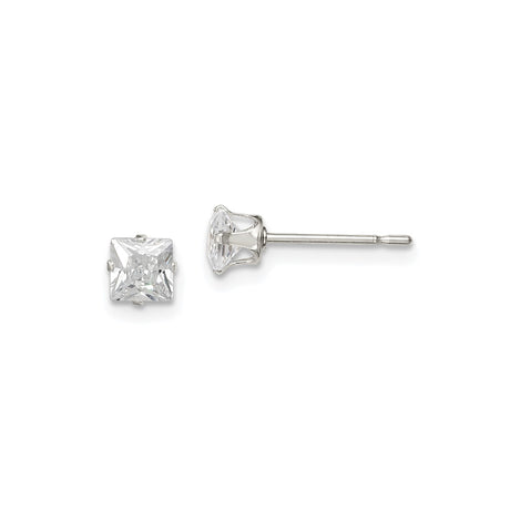 Sterling Silver Stud Earrings with Princess Cut Clear CZ in Four Prong Setting, Minimalist Square Design for Women, Elegant Silver Jewelry for Everyday Wear or Special Occasions, 4mm Zirconia Studs