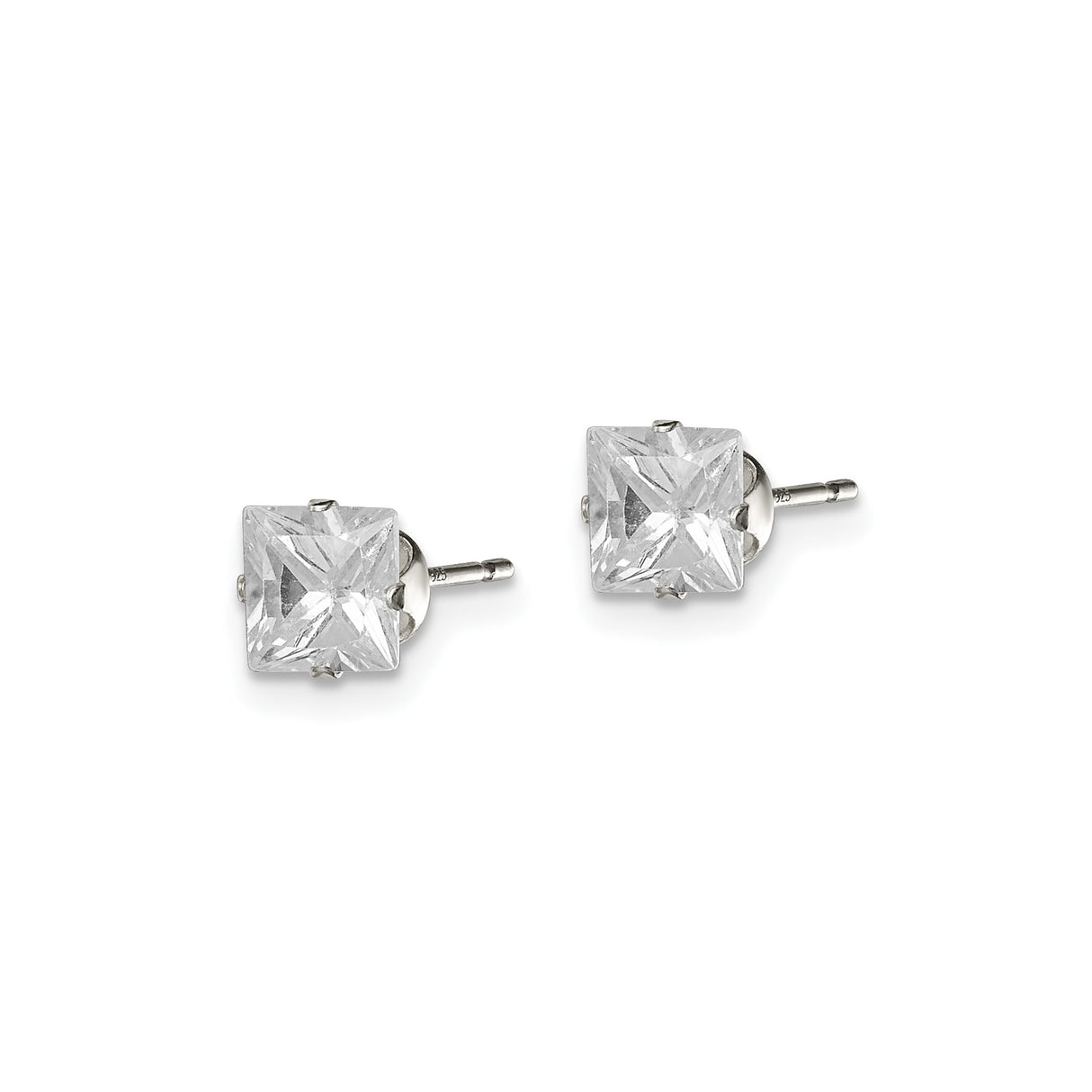 Sterling Silver Square Cut CZ Stud Earrings With Four Prong