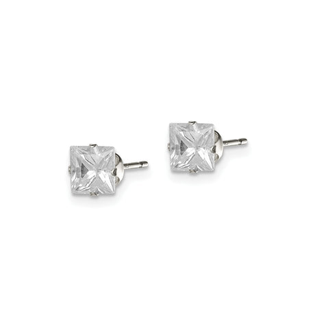 Sterling Silver Square Cut CZ Stud Earrings With Four Prong