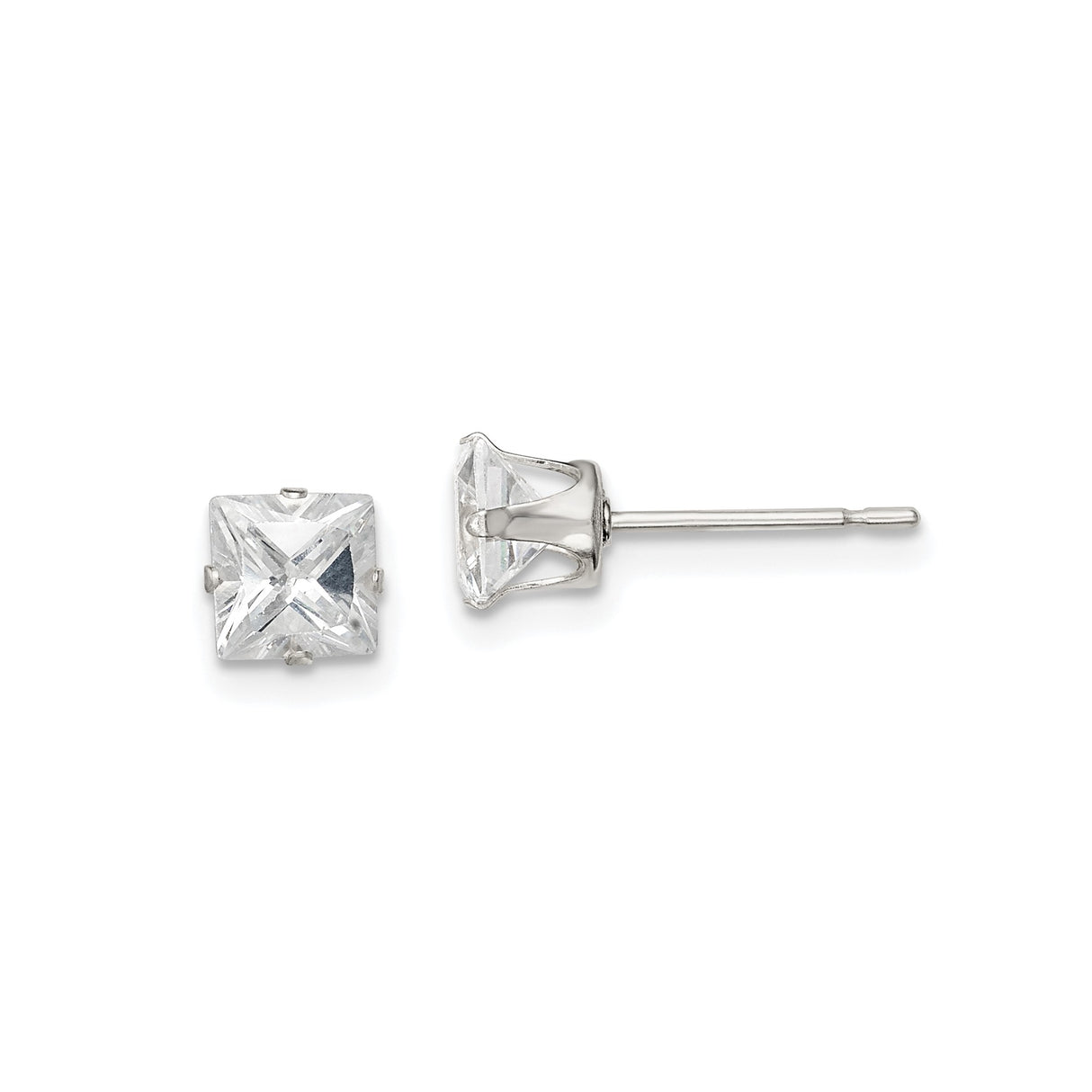 Sterling Silver Stud Earrings with Square Cut Clear Cubic Zirconia in Four Prong Setting, Minimalist Silver Studs for Women, Classic Everyday Earrings with Polished Finish and Timeless Style