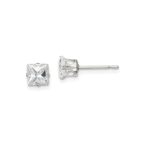 Sterling Silver Stud Earrings with Square Cut Clear Cubic Zirconia in Four Prong Setting, Minimalist Silver Studs for Women, Classic Everyday Earrings with Polished Finish and Timeless Style