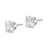 Sterling Silver Stud Earrings with Princess Cut Cubic Zirconia, Minimalist Square Design