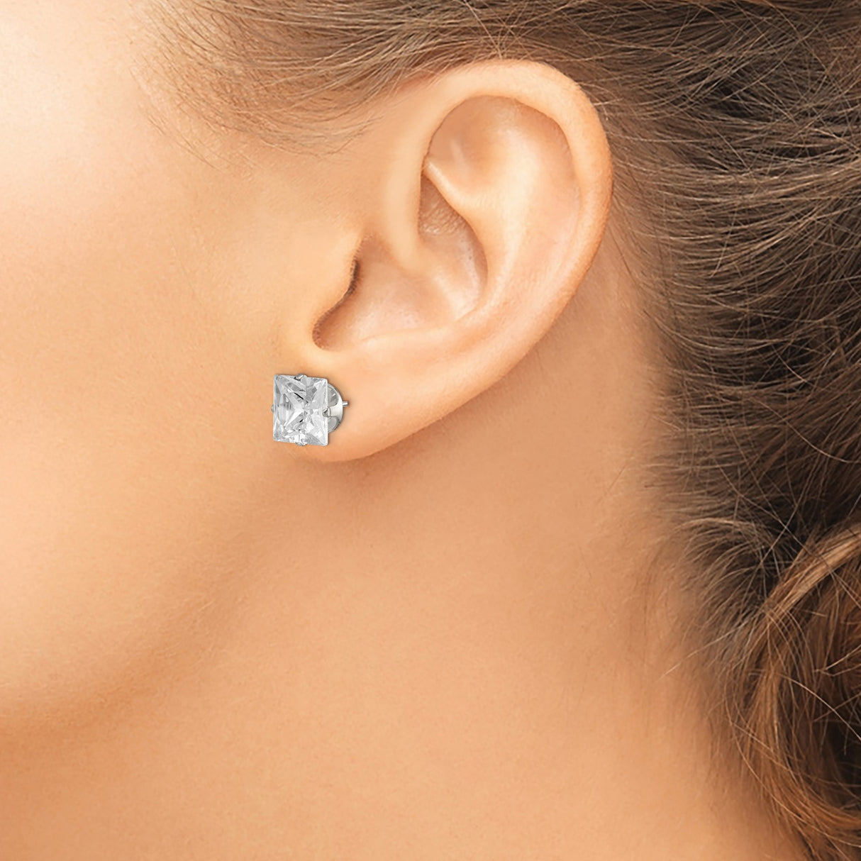 Sterling Silver Stud Earrings with Princess Cut Cubic Zirconia, Square Minimalist Design for Women