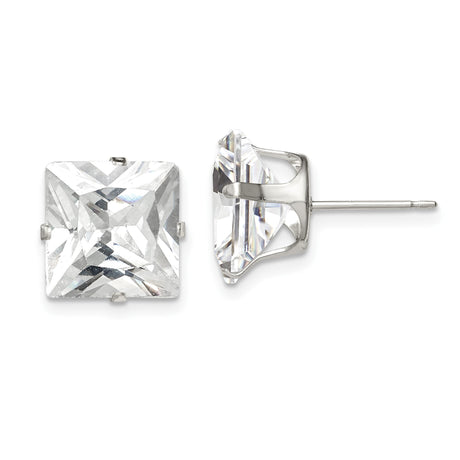 Sterling Silver Stud Earrings with Square Cut Clear Cubic Zirconia in Four Prong Setting, Princess Cut Minimalist Design, Classic Elegant Silver Jewelry for Women, Daily or Special Occasion Wear