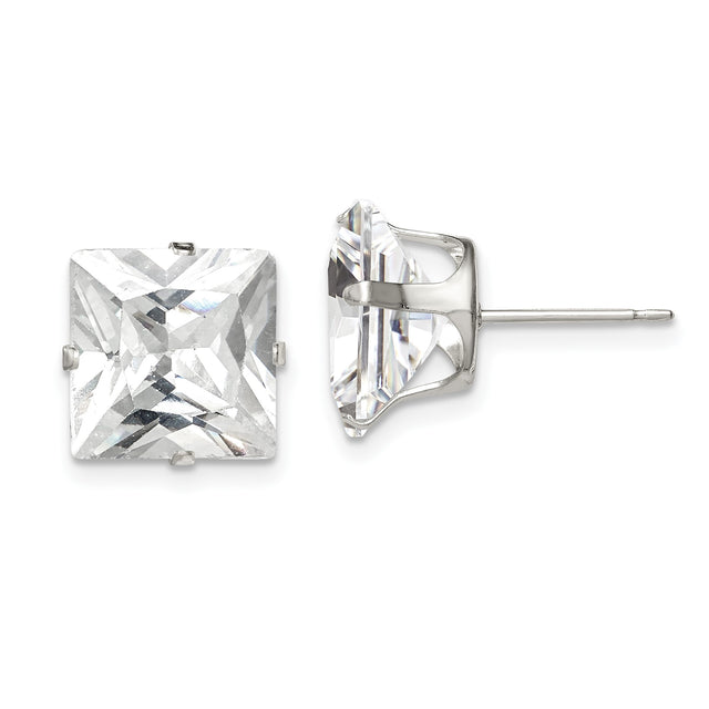 Sterling Silver Stud Earrings with Square Cut Clear Cubic Zirconia in Four Prong Setting, Princess Cut Minimalist Design, Classic Elegant Silver Jewelry for Women, Daily or Special Occasion Wear