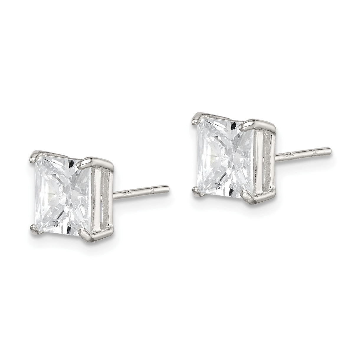 Sterling Silver Princess Cut Stud Earrings with Clear Cubic Zirconia, Square Four Prong Setting