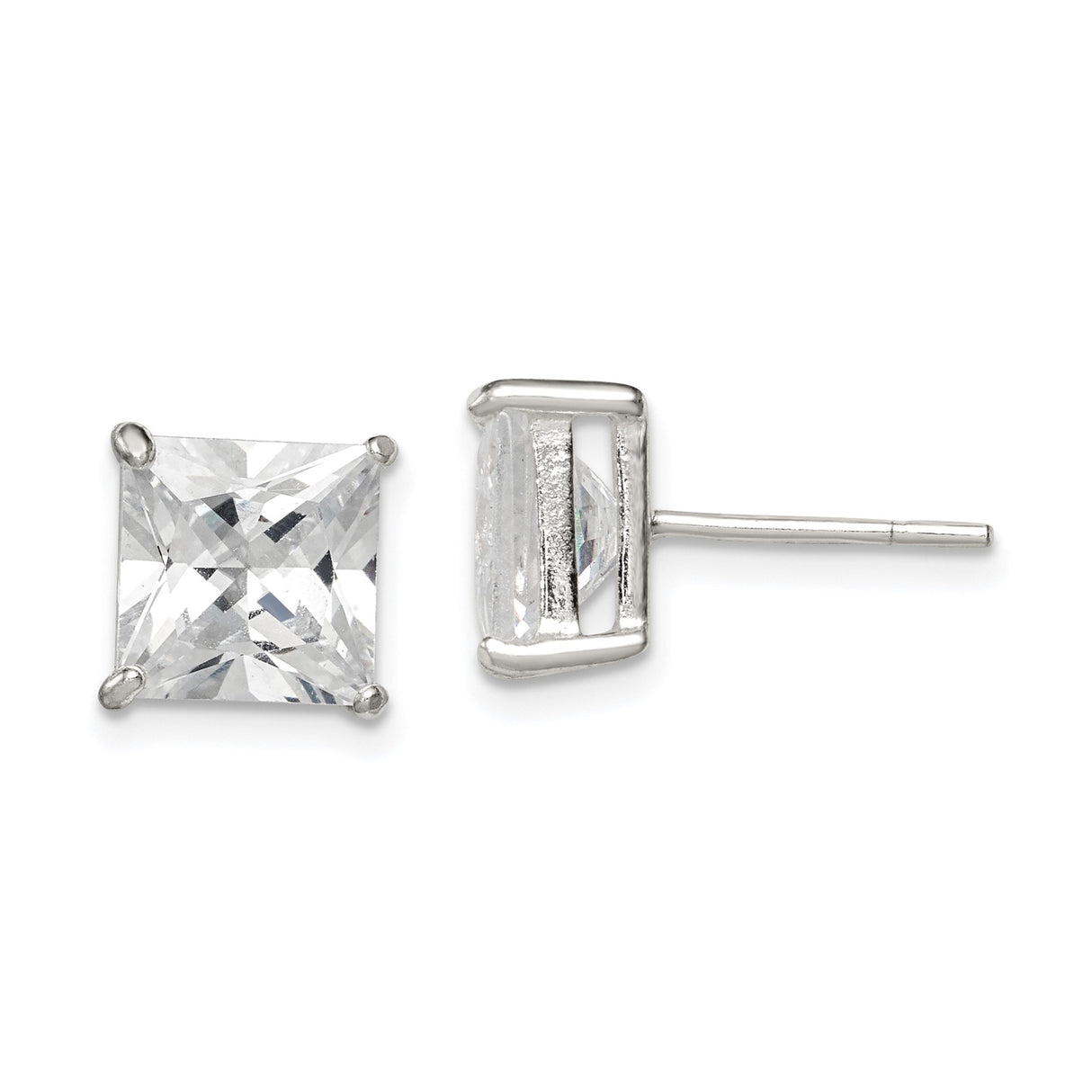 Sterling Silver Stud Earrings for Women with Square Cut Clear Cubic Zirconia in Four Prong Basket Setting, Minimalist Everyday Silver Jewelry, Elegant Modern Style for Formal or Casual Wear