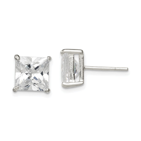 Sterling Silver Stud Earrings for Women with Square Cut Clear Cubic Zirconia in Four Prong Basket Setting, Minimalist Everyday Silver Jewelry, Elegant Modern Style for Formal or Casual Wear