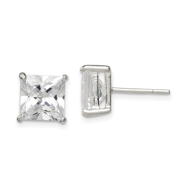 Sterling Silver Stud Earrings for Women with Square Cut Clear Cubic Zirconia in Four Prong Basket Setting, Minimalist Everyday Silver Jewelry, Elegant Modern Style for Formal or Casual Wear