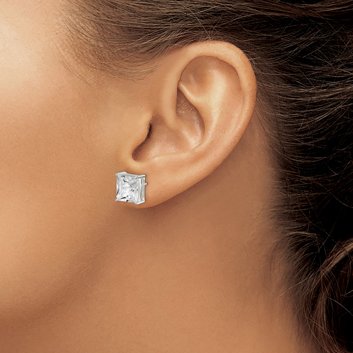 Sterling Silver Stud Earrings with Princess Cut Cubic Zirconia, Classic Square Solitaire Design