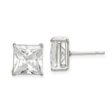 Sterling Silver Stud Earrings with Princess Cut Cubic Zirconia, Classic Square Solitaire Design