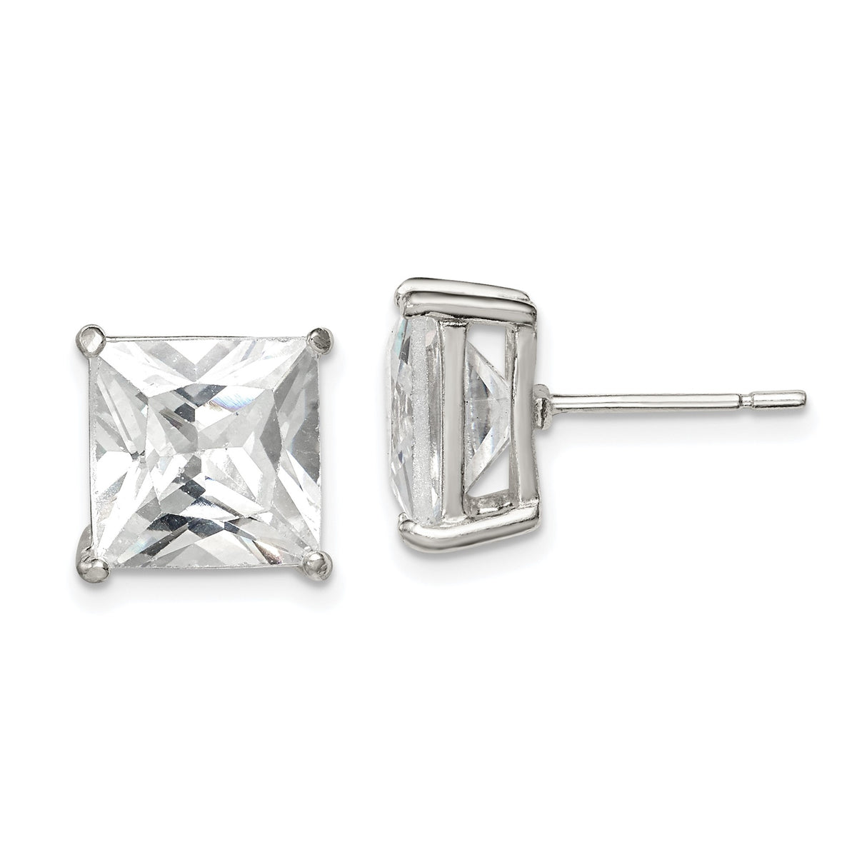 Sterling Silver Stud Earrings with Princess Cut Cubic Zirconia, Square Minimalist Design