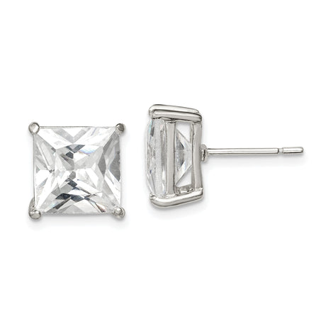 Sterling Silver Stud Earrings with Princess Cut Cubic Zirconia, Square Minimalist Design