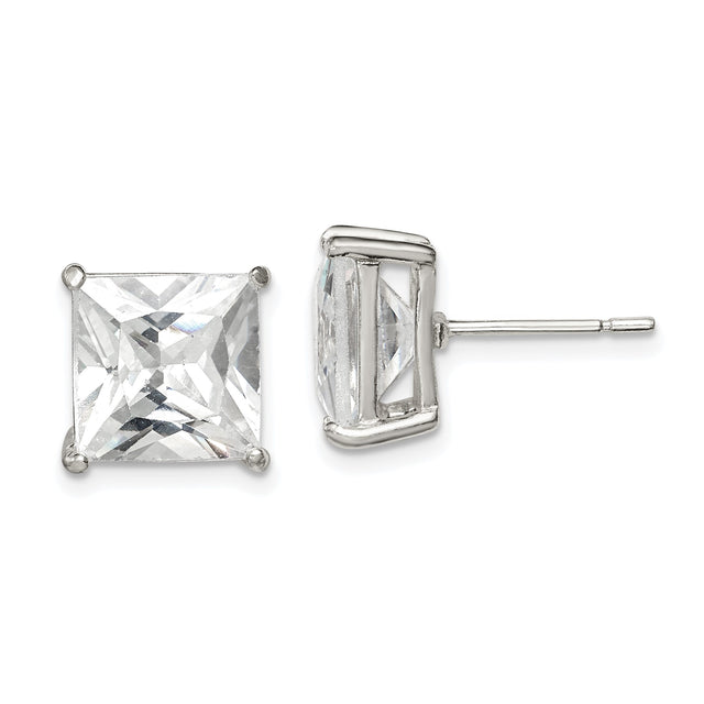 Sterling Silver Stud Earrings with Princess Cut Cubic Zirconia, Square Minimalist Design