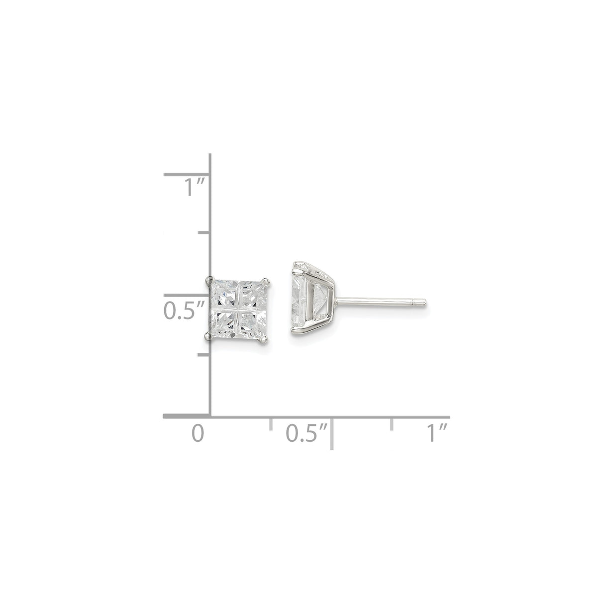 Sterling Silver Square Stud Earrings with Princess Cut Cubic Zirconia, Minimalist Design