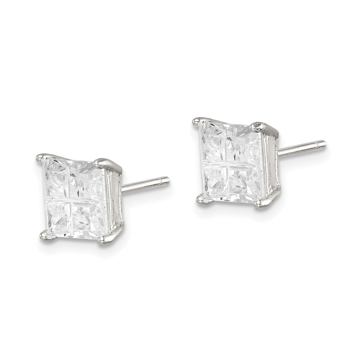 Sterling Silver Princess Cut Stud Earrings with Square Cubic Zirconia, Four Prong Basket Setting